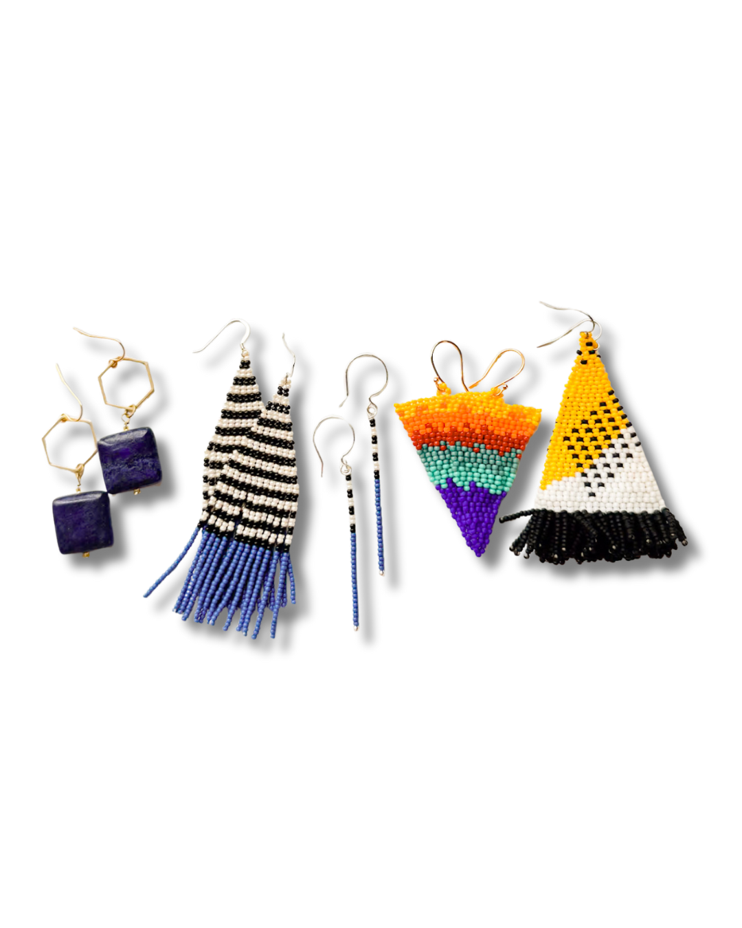 Collection of statement earrings including black and white fringe, minimalist dangles, Solstice Rainbow triangles, and yellow-white contrast triangle fringe earrings.