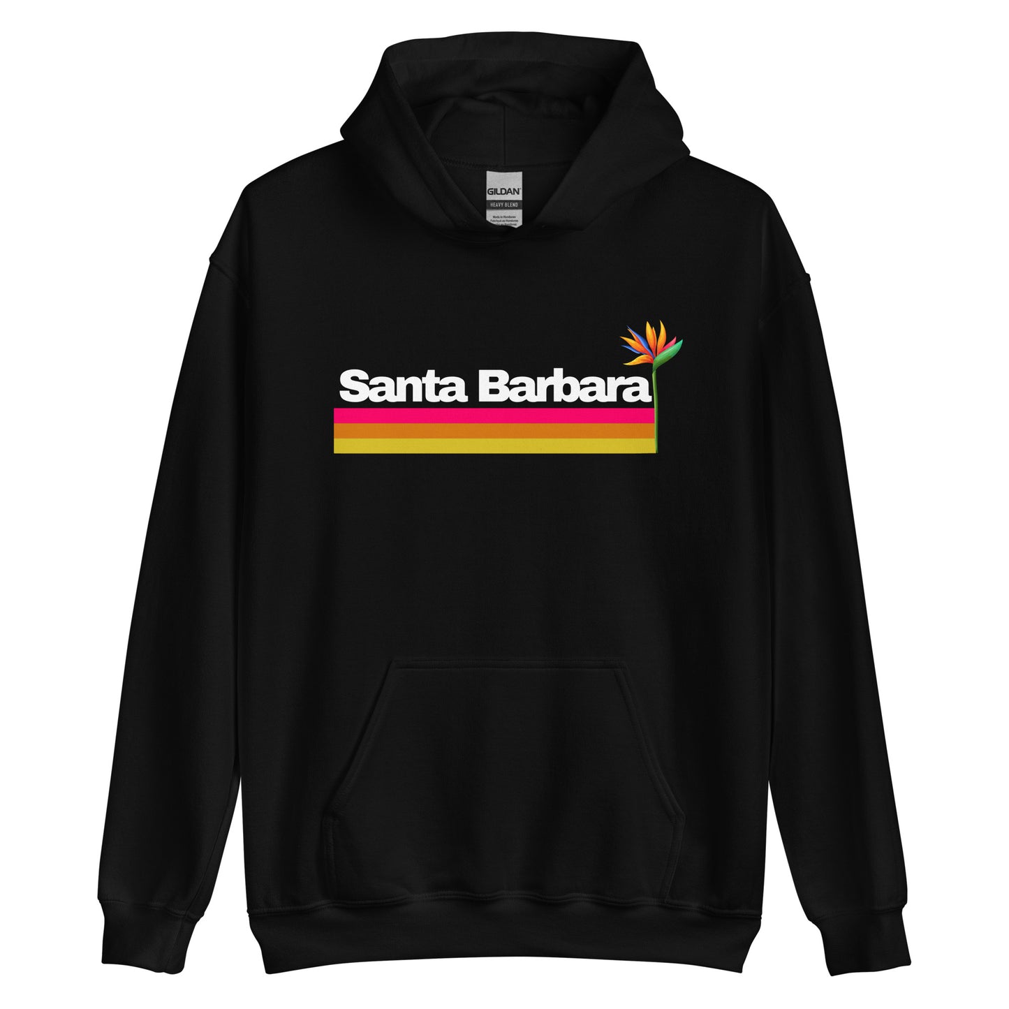 Black unisex hoodie with 'Santa Barbara' text and a colorful stripe design on the front. Bird of Paradise unisex hoodie inspired by Santa Barbara – 805 Supply coastal apparel