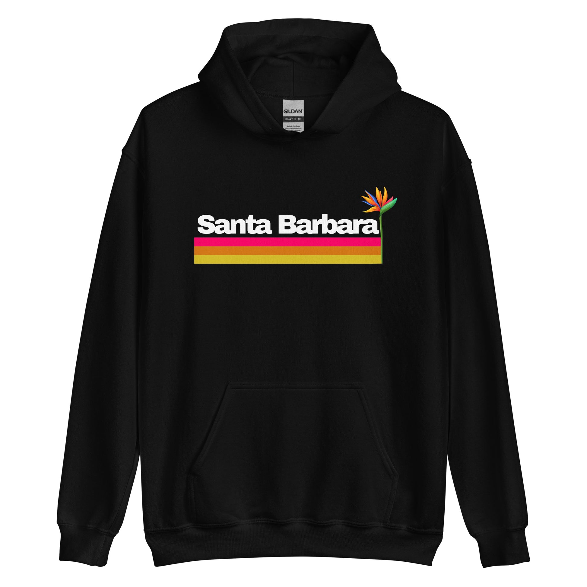 Black unisex hoodie with 'Santa Barbara' text and a colorful stripe design on the front. Bird of Paradise unisex hoodie inspired by Santa Barbara – 805 Supply coastal apparel