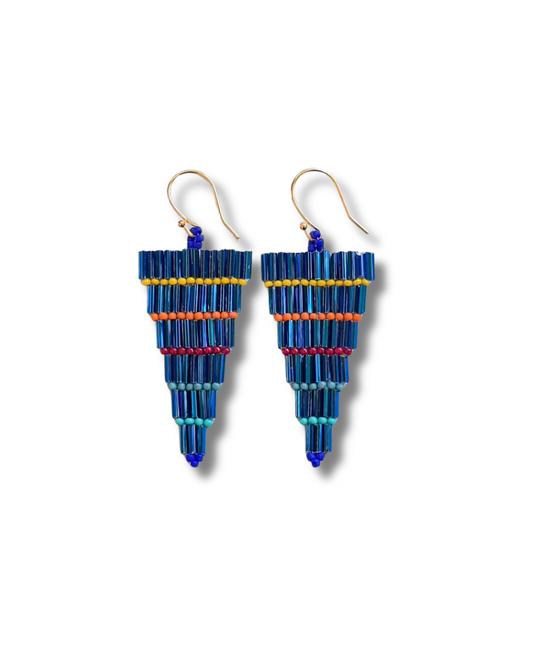 Pacific Rainbow earrings with stacked blue bugle beads and rows of yellow, orange, red, and turquoise seed beads in a tapered triangle shape with gold hooks.