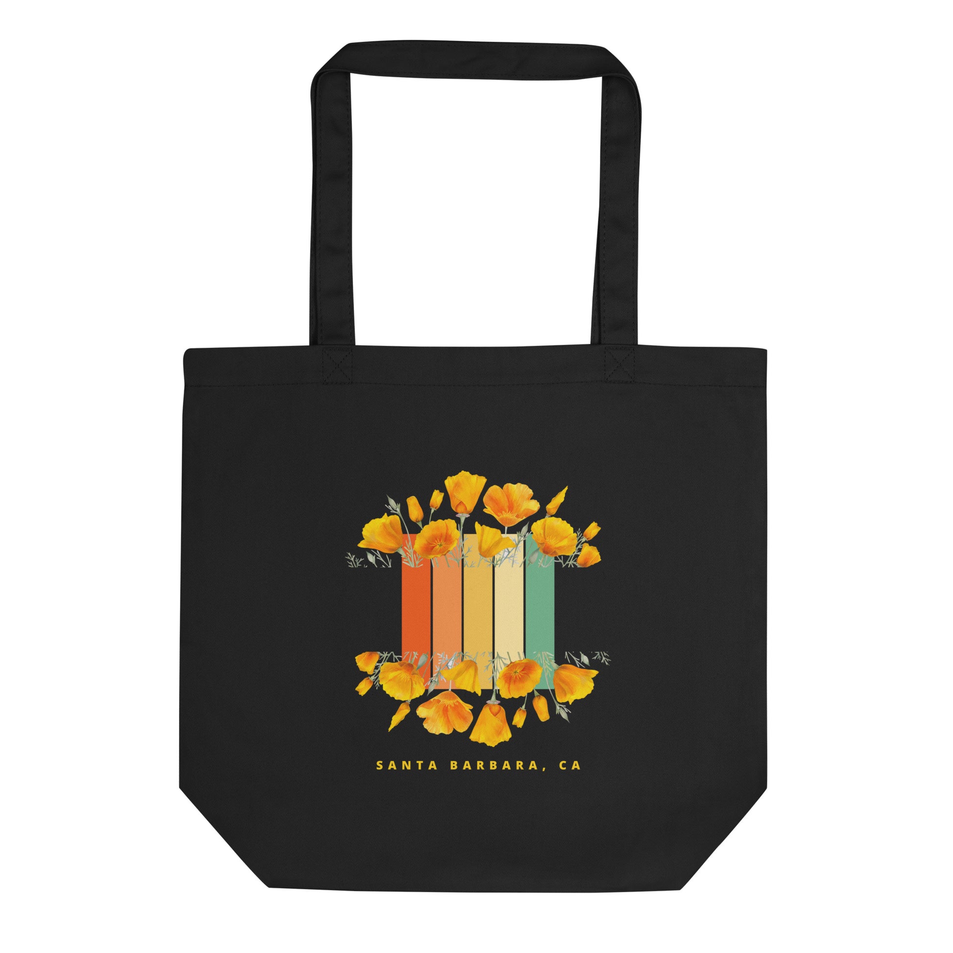 Santa Barbara California eco tote bag 100% cotton with image of orange California Poppies and a chromatic sunset colors