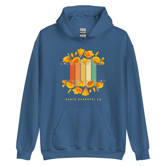 Santa Barbara, CA indigo blue hoodie with image of California Poppies framing a chromatic striped image in sunset colors